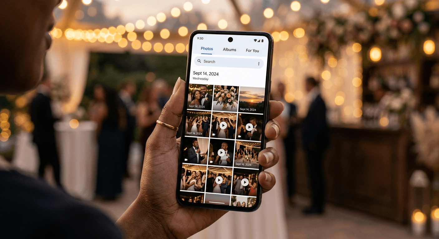 Phone screen showing photo and video thumbnails in a gallery
