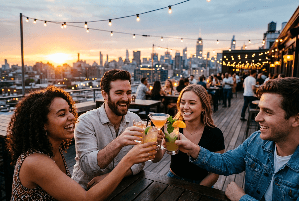 Friends toasting at a rooftop party