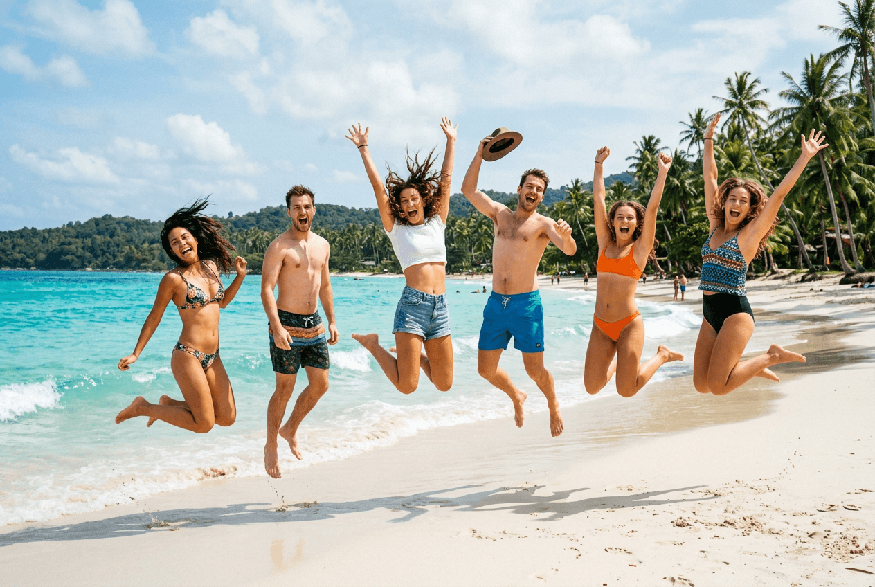 Friends jumping at a tropical beach